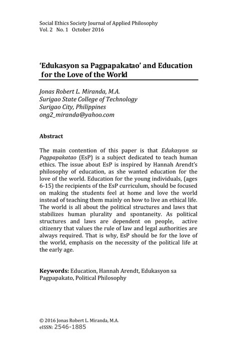 'Edukasyon sa Pagpapakatao' and Education for the Love of the World.